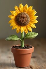 Bright Yellow Sunflower in Terracotta Pot on Wooden Tabletop