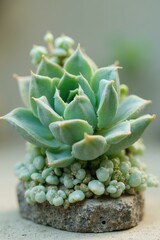 Green Succulent with Offsets on Rustic Grey Stone Background