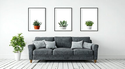 Three framed potted plants above a gray sofa.