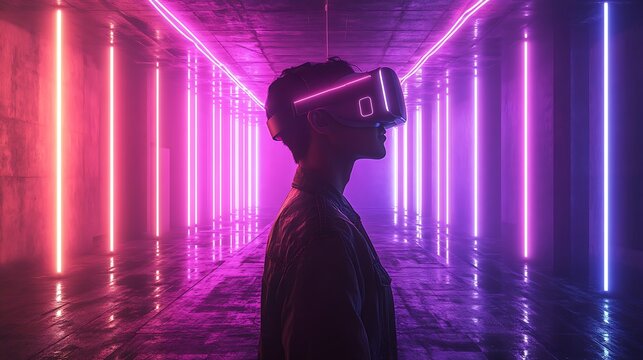 Immersive virtual reality experience with neon lights in a futuristic setting