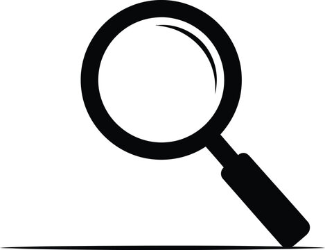 Simple black and white magnifying glass icon symbol of search and discovery concept for business information and design elements