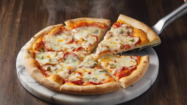 A bubbling cheese pizza is being sliced, strings of cheese stretching as the slice lifts, camera slowly pans 