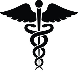 Black caduceus symbol representing medicine and healthcare in a simple graphic style suitable for medical professionals and design projects