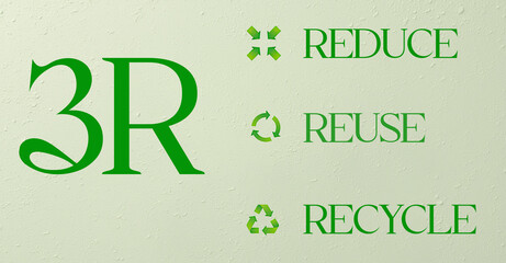 3R environmental awareness poster featuring reduce, reuse, recycle on textured green background