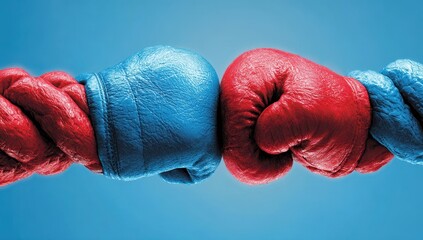Two boxing gloves, blue and red, meet on braided rope against a light blue background