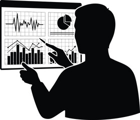 Businessman presenting financial data on a screen representing growth analysis and business strategy in a minimalist black and white style