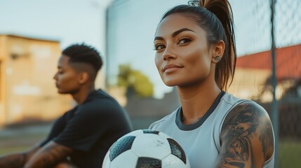 Young woman holding soccer ball outdoors.