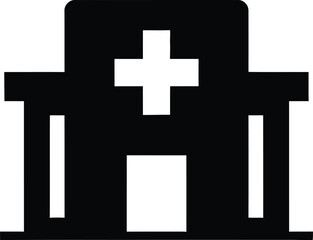 Obraz premium Iconic monochrome illustration of a hospital building with a prominent cross on the facade suggesting healthcare and medical services in a minimalist style.
