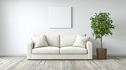 Empty living room with a white couch and a potted plant.