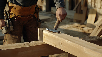 Craftsman hammering a chisel into wood at a construction site
