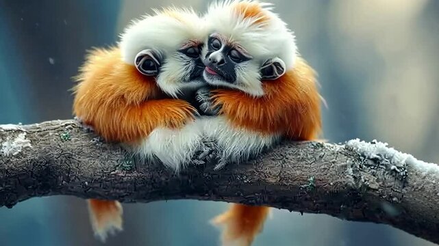 Two adorable monkeys cuddle on a branch in a serene forest setting during a sunny day