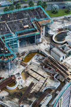 Aerial view of large construction site and concrete forms