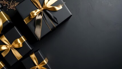 Black wrapped gifts with gold ribbon bows sitting on dark background offering space for text and copy, celebration holiday presents. - Powered by Adobe