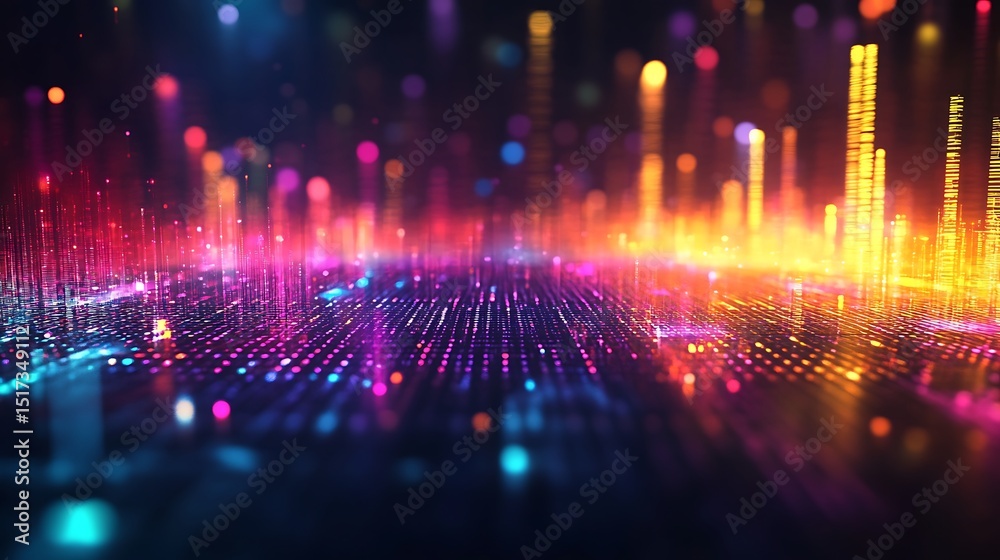Poster abstract data stream visualization with vibrant color gradients and bokeh