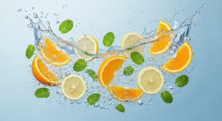 Refreshing Citrus Splash: Orange and Lemon Slices with Mint in Water