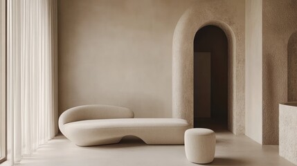 Fototapeta premium Beige interior with modern curved chaise lounge.