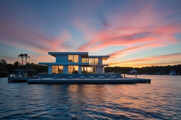 Luxury Waterfront Modern Home at Sunset A Stunning Architectural Design