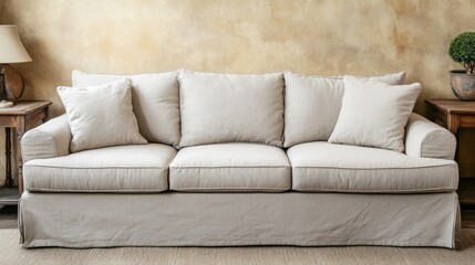 Fototapeta premium Elegant light beige sectional sofa in a living room setting.