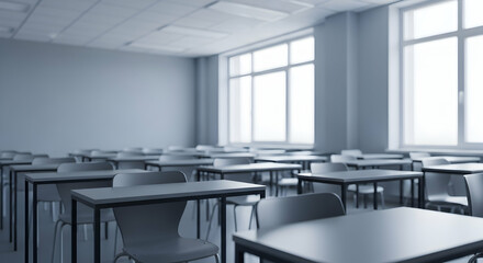 Empty Classroom with Rows of Desks and Bright Windows, Monochromatic Tones