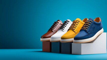 Colorful casual sneakers in brown, white, yellow, and blue displayed on pedestals with modern blue background
