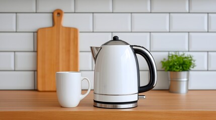 White electric kettle with black handle and ceramic mug on wooden kitchen counter with tiled backsplash and potted herb
