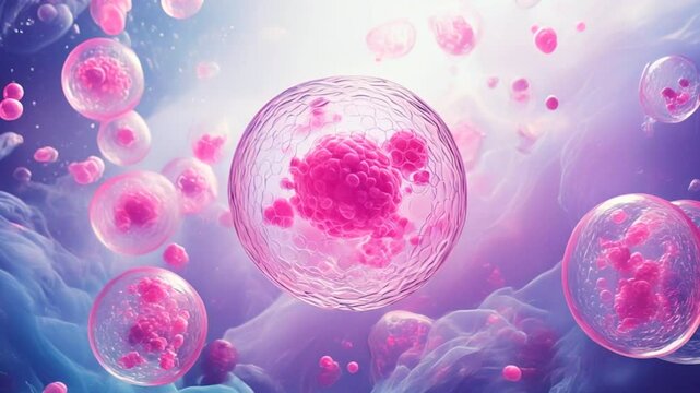 3D Animation of Microscopic View of Floating Egg Cells in Ovary, or Embryonic Stem Cells. Medical Illustration.  