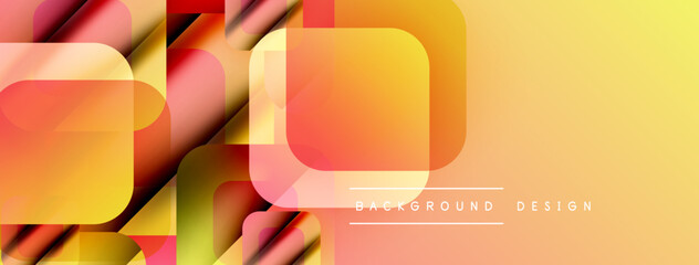 Abstract geometric shapes overlap, creating vibrant yellow, orange, red gradients. Modern design feels energetic, dynamic.