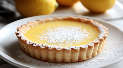 Lemon Tart with Powdered Sugar on a White Plate