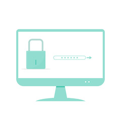 turquoise computer. computer monitor with locked screen display. screen lock and password. security system. important data. technology. vector illustration