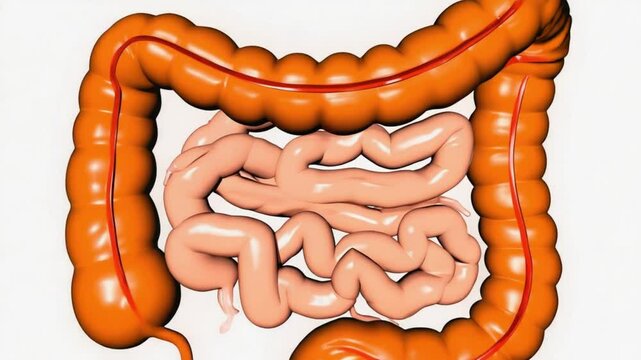  a 3D cross-section of the human digestive system, showing peristalsis in motion, camera zooms through the intestinal tract 