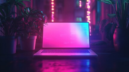 a futuristic workstation bathed in neon illumination with a laptop displaying vibrant pink and blue hues flanked by lush foliage creating a captivating atmosphere