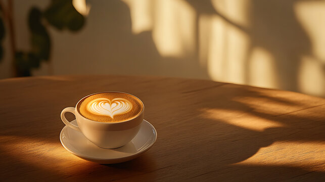 Cup of coffee with heart-shaped latte art on a wooden table bathed in sunlight