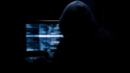 Hacker in a dark room programming malicious code on a computer screen with lines of data. 
