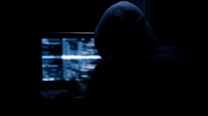 Hacker in a dark room programming malicious code on a computer screen with lines of data. 
