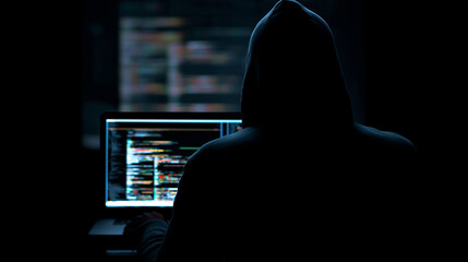 Hacker in a dark room programming malicious code on a computer screen with lines of data. 
