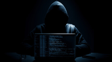 Hacker in a dark room programming malicious code on a computer screen with lines of data. 