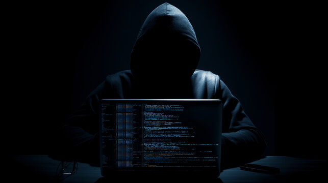 Hacker in a dark room programming malicious code on a computer screen with lines of data.