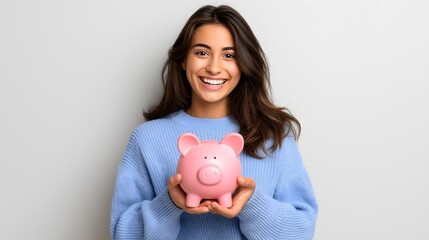 Smiling young woman in blue sweater holding pink piggy bank against neutral background symbolizing savings and financial planning
