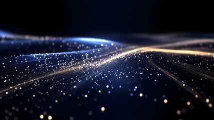 Abstract glowing light trails and particles on dark background representing high-speed data transmission and futuristic technology
