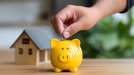 Hand inserting coin into yellow piggy bank with wooden house model in background symbolizing home savings and financial investment
