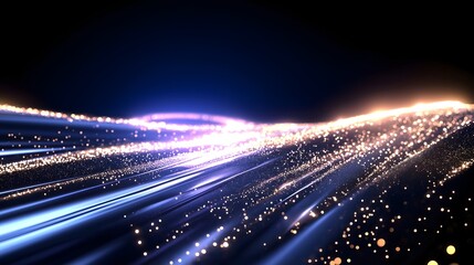 Abstract glowing light trails and particles on dark background representing high-speed data transmission and futuristic technology
