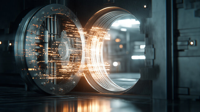 Glowing futuristic vault core with data particles and secure digital energy inside a high-tech chamber. 
