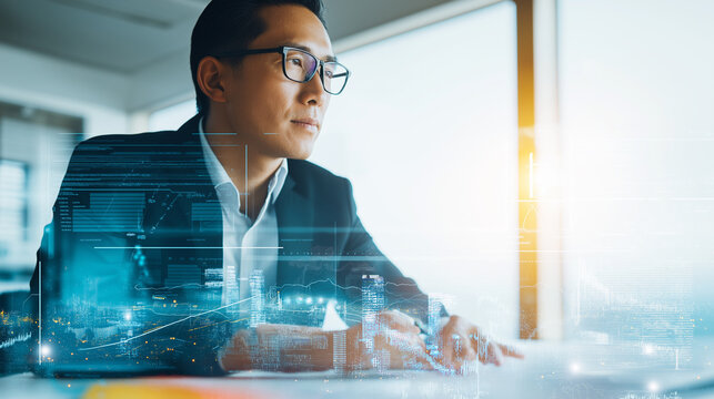 Businessman in a modern office reflecting on future strategy with a digital cityscape overlay.