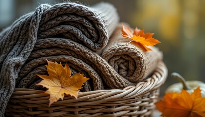 earth-tone folded  blankets in a woven basket with orange fall leaves and soft warm light in the background