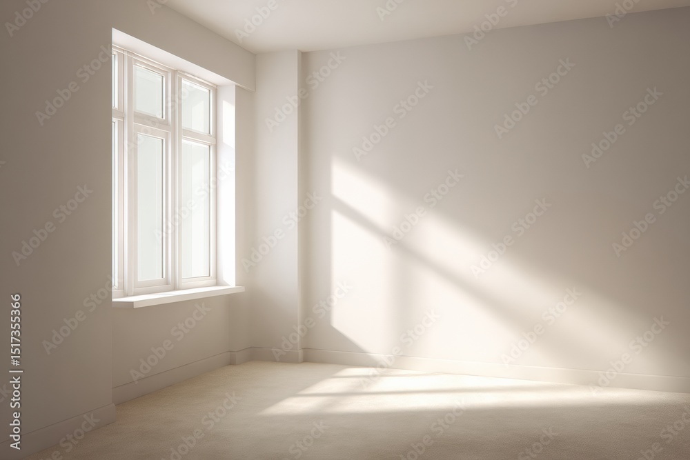 Aufkleber Sunlight streaming into an empty room with pristine white walls and soft beige carpet, creating a bright and inviting atmosphere