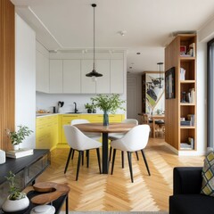 Bright, modern apartment with yellow kitchen cabinets, herringbone wood floors, and a round dining table with white chairs, 