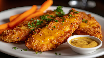 Crispy Chicken Strips with Melted Cheese, Served with Carrots and Mustard Dip