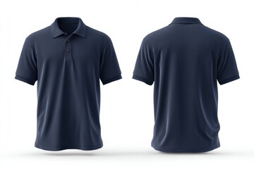 Front and back view of a plain navy blue polo shirt mockup template on a white background, suitable for advertising or fashion design concepts