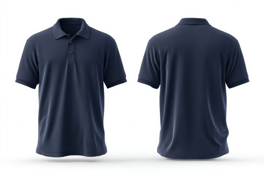 Front and back view of a plain navy blue polo shirt mockup template on a white background, suitable for advertising or fashion design concepts