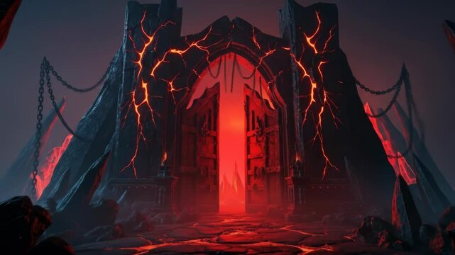 Volcanic Hell Gate with Chains and Cracked Obsidian Walls.